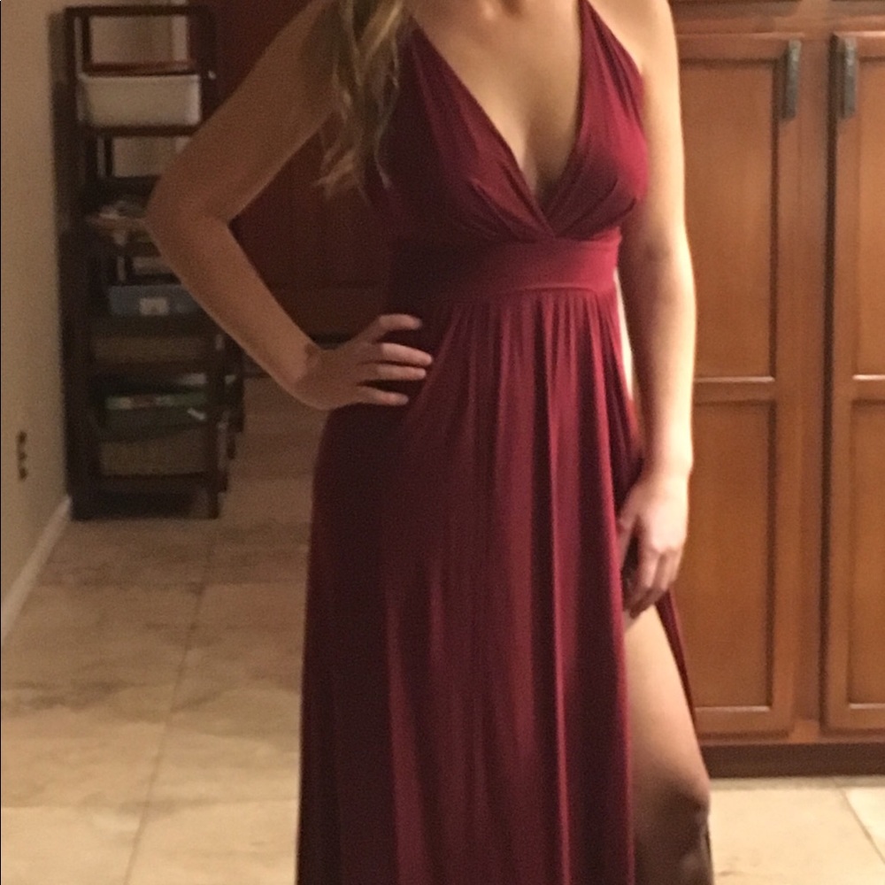 long maroon double slit dress